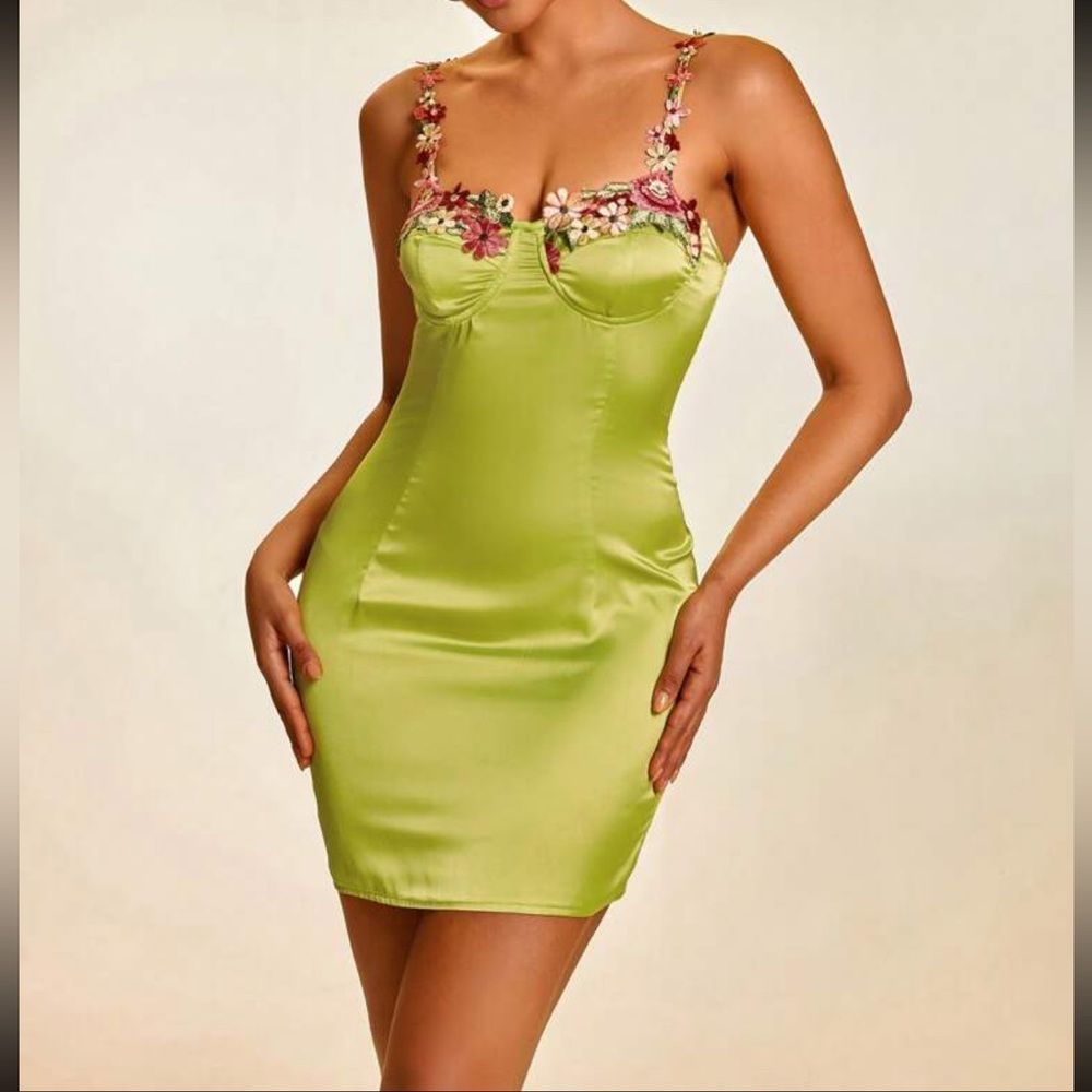 Newsatin Cami Floral Embroidered Short Mini Fitted Dress Sexy Glam Green